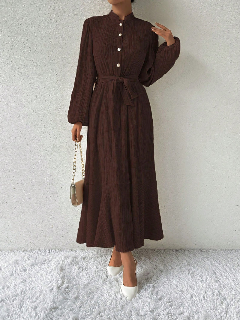 Hazel Blues® |  Half Button Tie Waist Long Sleeve Maxi Dress
