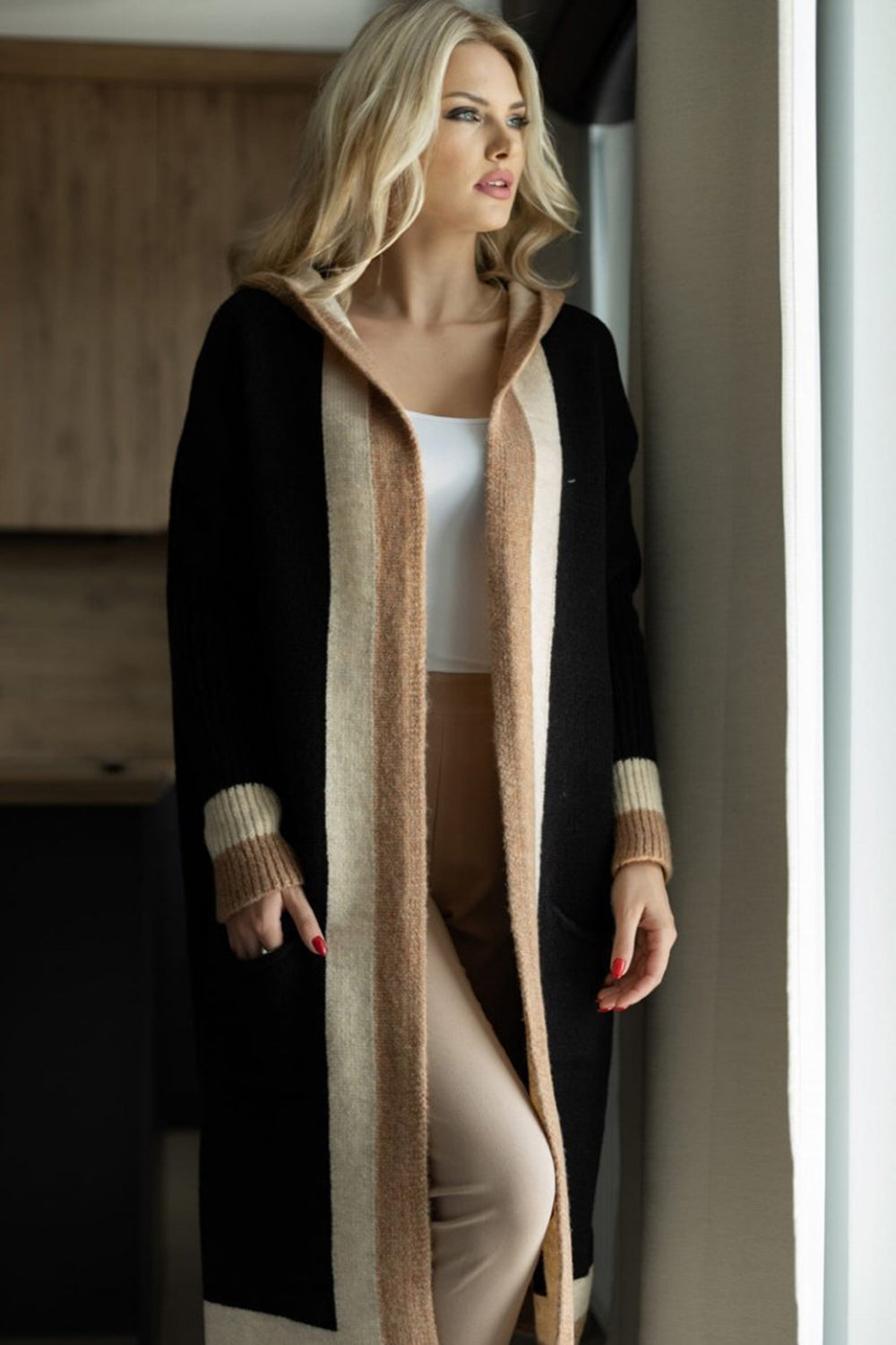 Hazel Blues® |  Pocketed Contrast Long Sleeve Hooded Cardigan