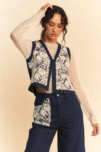 Hazel Blues® |  Davi & Dani Lace Patch Open Front Denim Vest