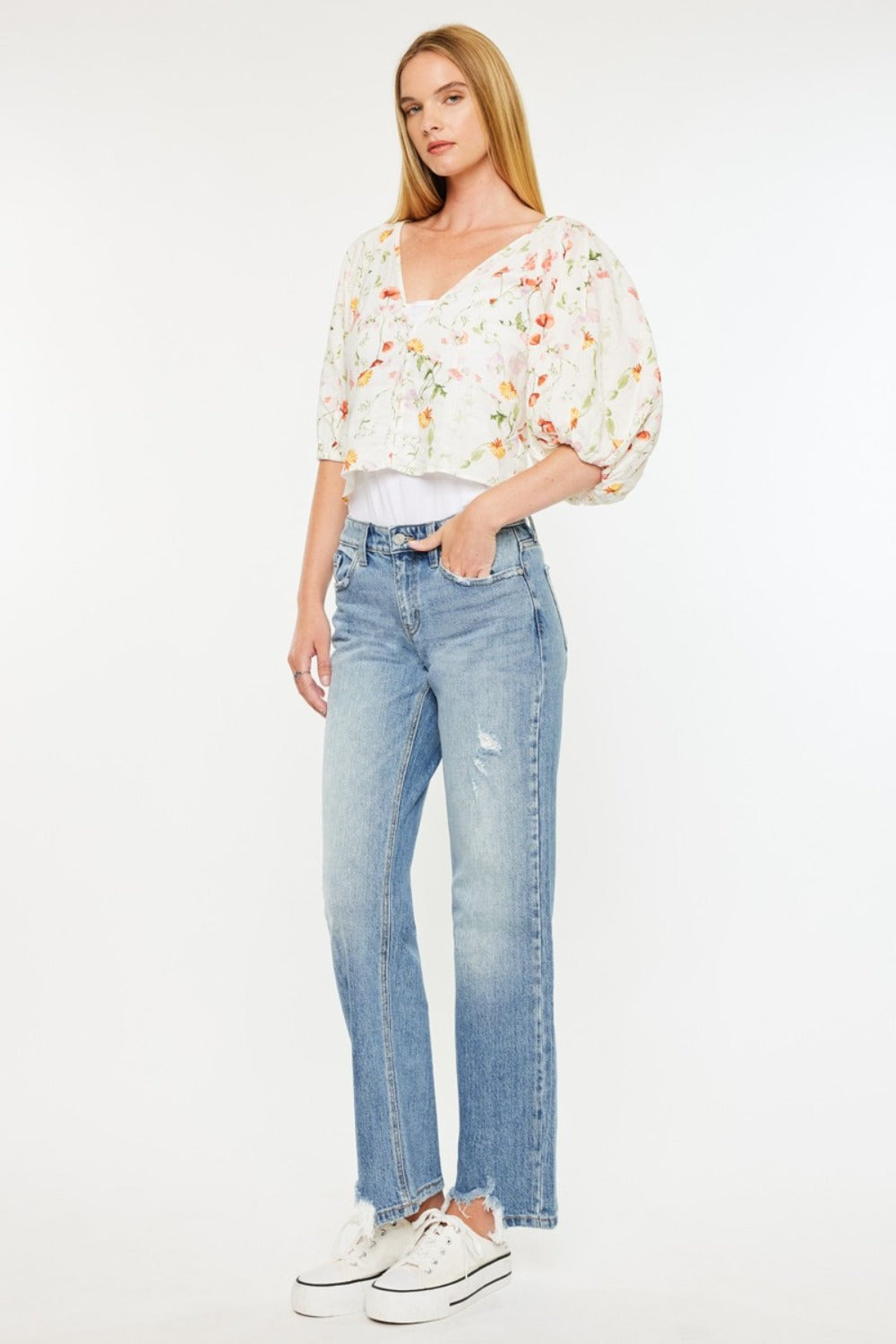 Hazel Blues® |  Kancan Mid Rise Frayed Hem Straight Jeans