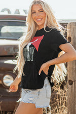 Hazel Blues® |  Black Western HOWDY Steer Head Print Side Slits Loose Fit T Shirt