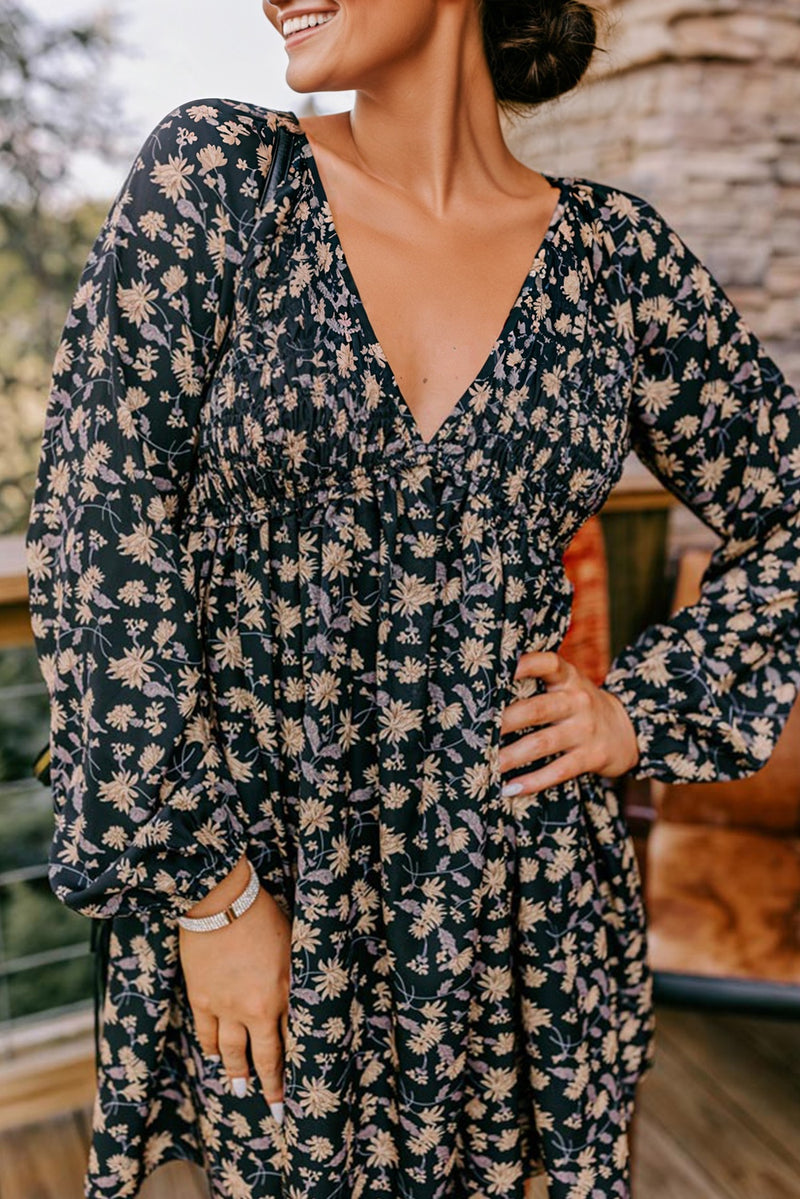 Floral Deep V-Neck Smocked Bust Bubble-Sleeve Babydoll Dress – Hazel Blues®