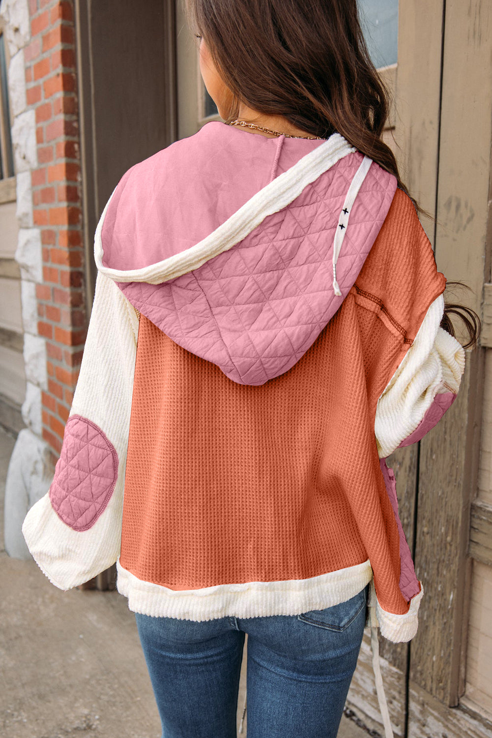 Magnolia Faith Coral Quilted Textured Patchwork Loose Fit Hooded Jacket