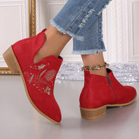 Hazel Blues® |  Embroidered Suede Point Toe Block Heel Boots