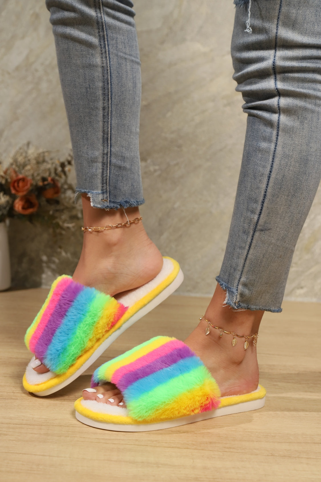 Hazel Blues® |  Color Block Open Toe Faux Fur PVC Slippers