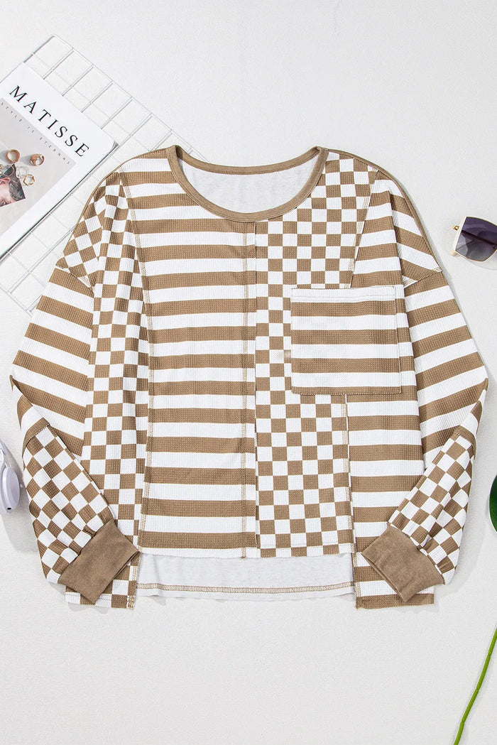 Hazel Blues® |  Checker & Stripes Round Neck Long Sleeve Blouse