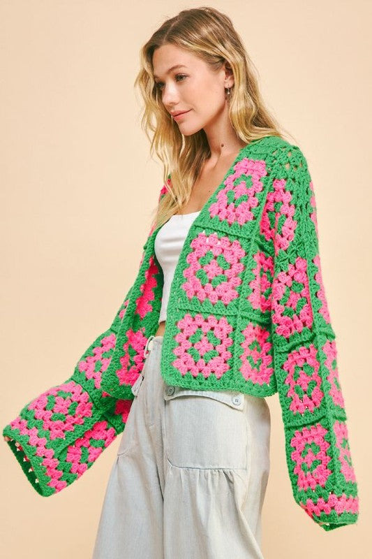 Hazel Blues® |  Davi & Dani Two Tone Flower Square Crochet Open Front Cardigan