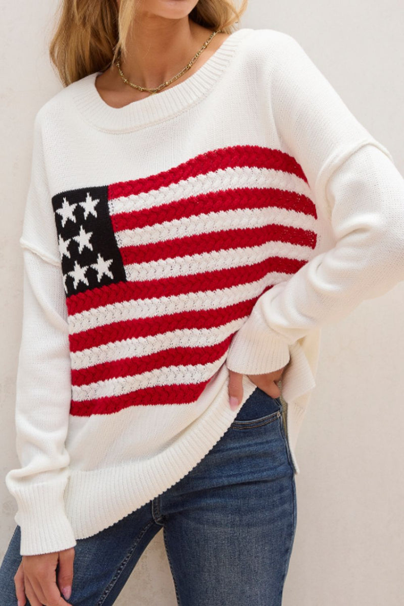 Hazel Blues® |  US Flag Side Slit Drop Shoulder Sweater