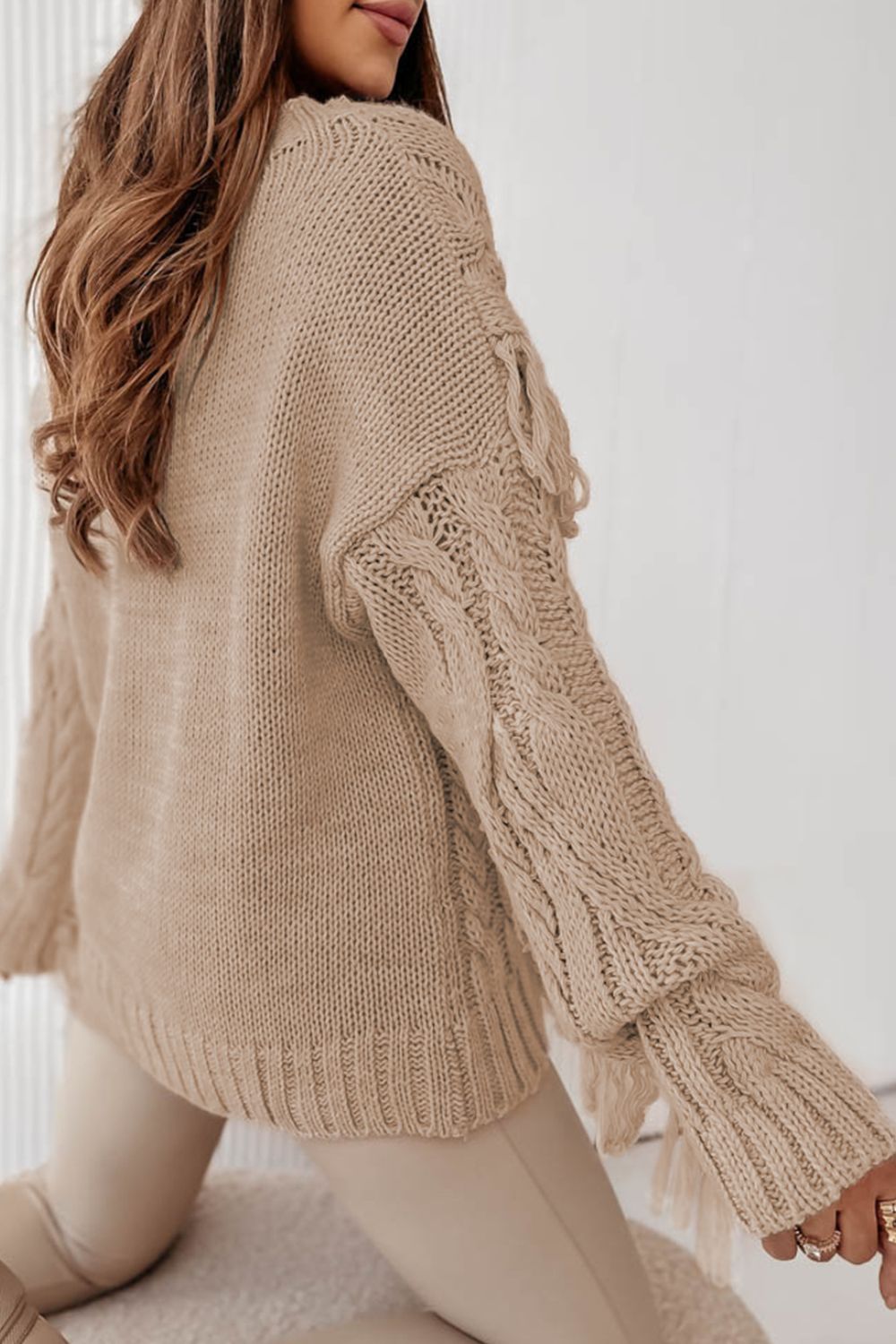 Hazel Blues® |  Cable Knit Fringe Round Neck Long Sleeve Sweater