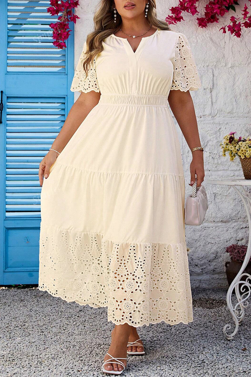 Apricot V-Neck Lacy Embroidery Patchwork Short-Sleeve Maxi Dress – Hazel Blues®