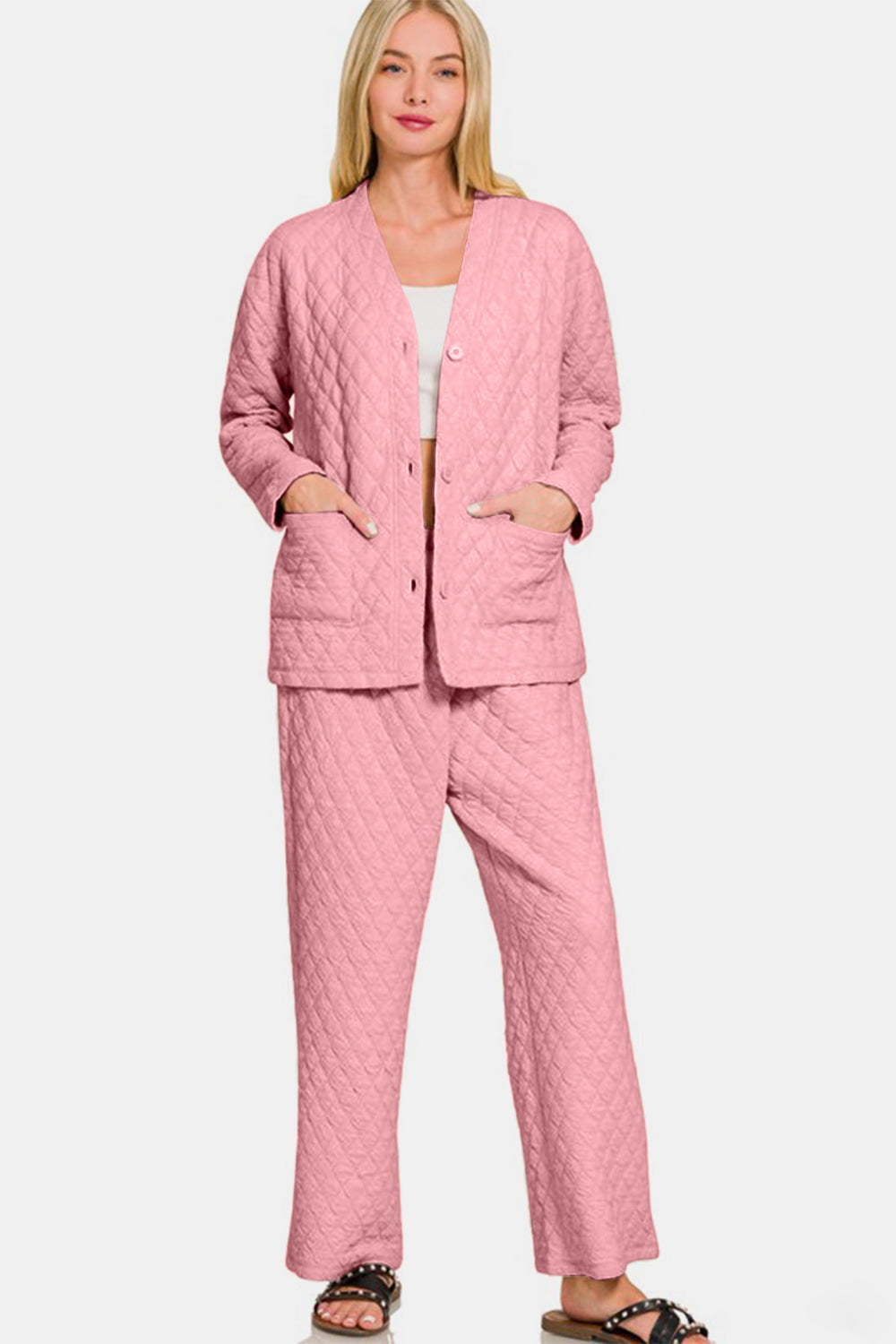 Hazel Blues® |  Zenana Quilted Button Up Long Sleeve Top and Pants Lounge Set