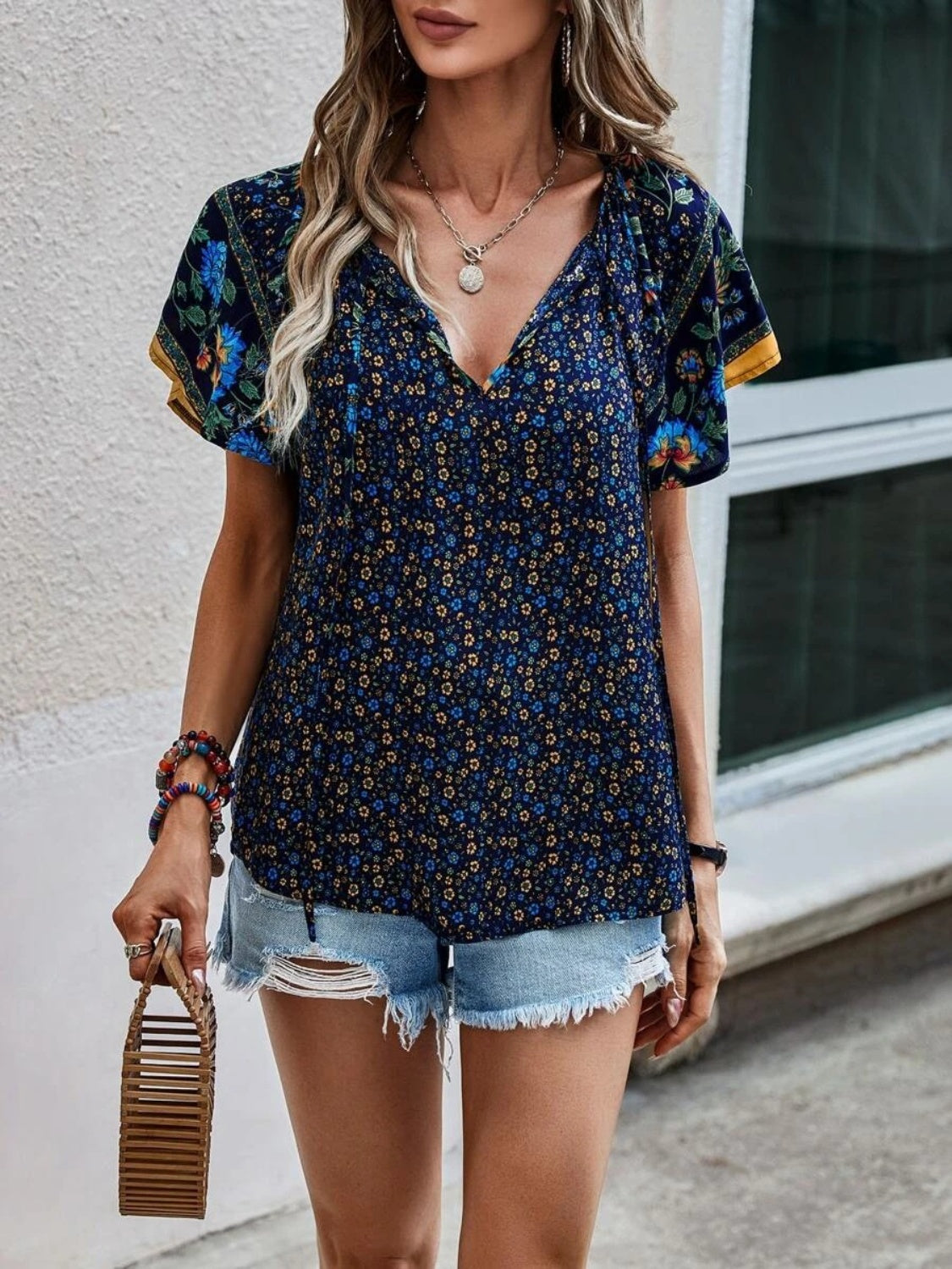 Hazel Blues® |  Printed Tie Neck Short Sleeve Blouse