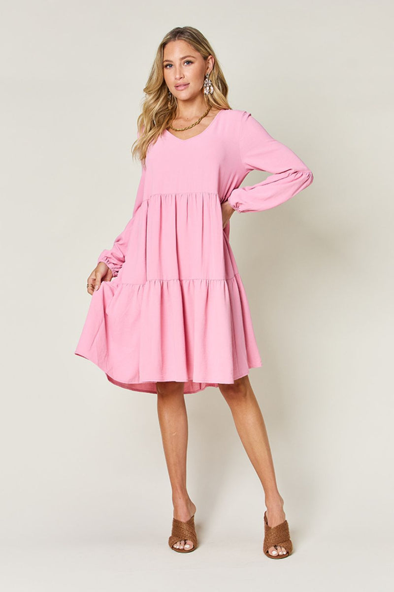 Hazel Blues® |  Double Take V-Neck Balloon Sleeve Tiered Dress with Pockets