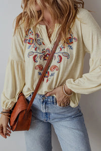 Hazel Blues® |  Embroidered Notched Long Sleeve Blouse