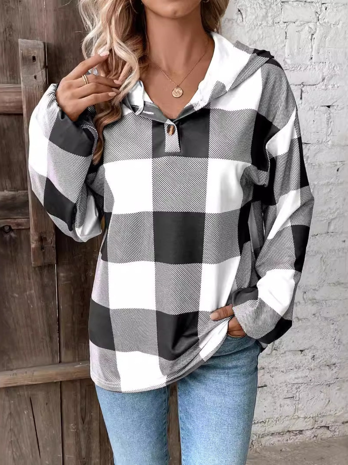 Hazel Blues® |  Plaid Dropped Shoulder Long Sleeve Hoodie