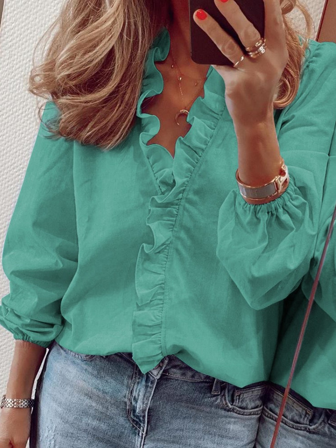 Hazel Blues® |  Ruffled V-Neck Long Sleeve Blouse