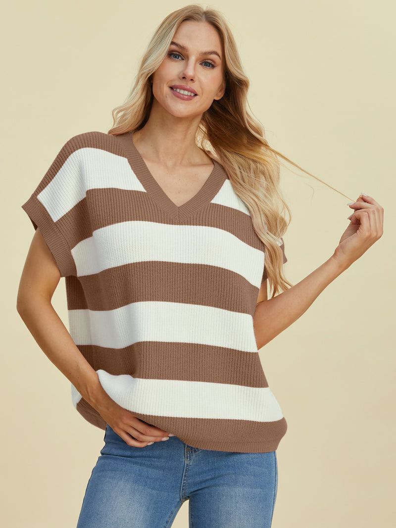 Hazel Blues® |  Double Take Striped V-Neck Short Sleeve Sweater