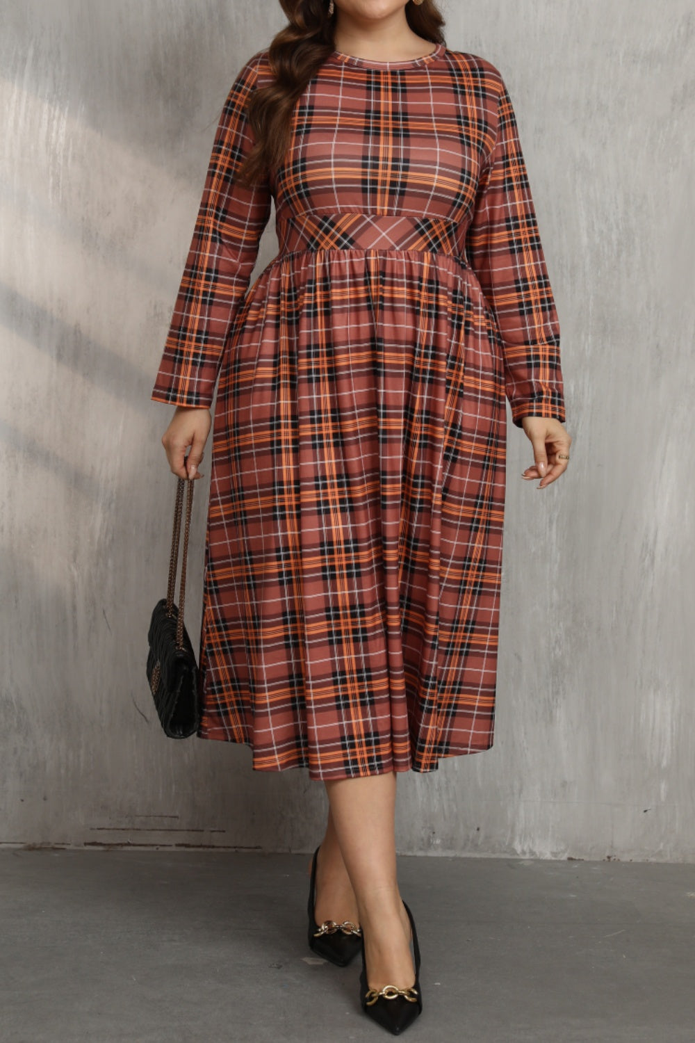 Hazel Blues® |  Plaid Round Neck Long Sleeve Midi Dress