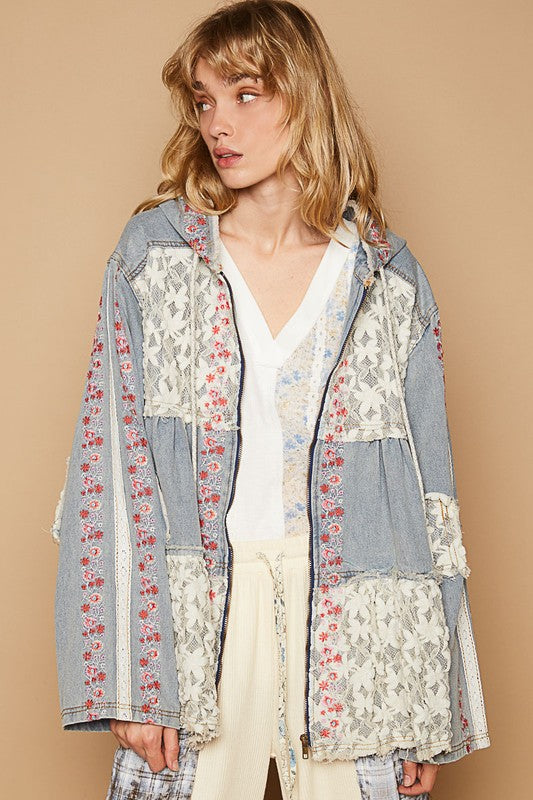 Hazel Blues® |  POL Embroidered Lace Patch Zip Up Hooded Jacket