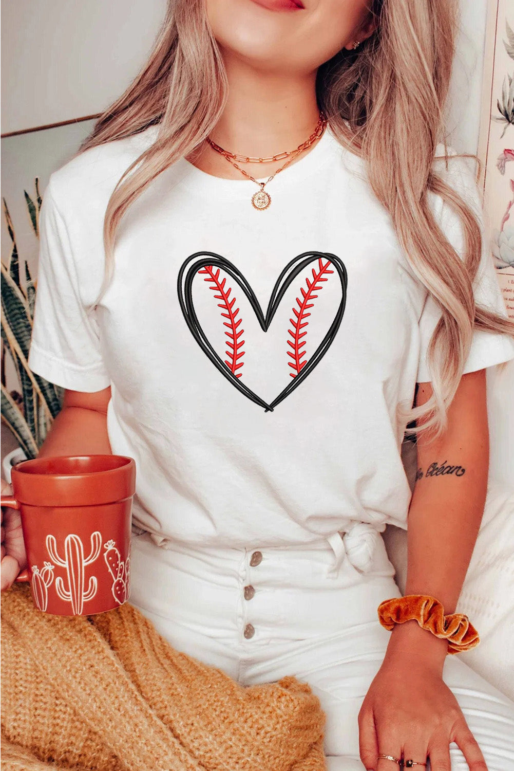 Hazel Blues® |  White Baseball Heart Shape Embroidery Graphic Tee