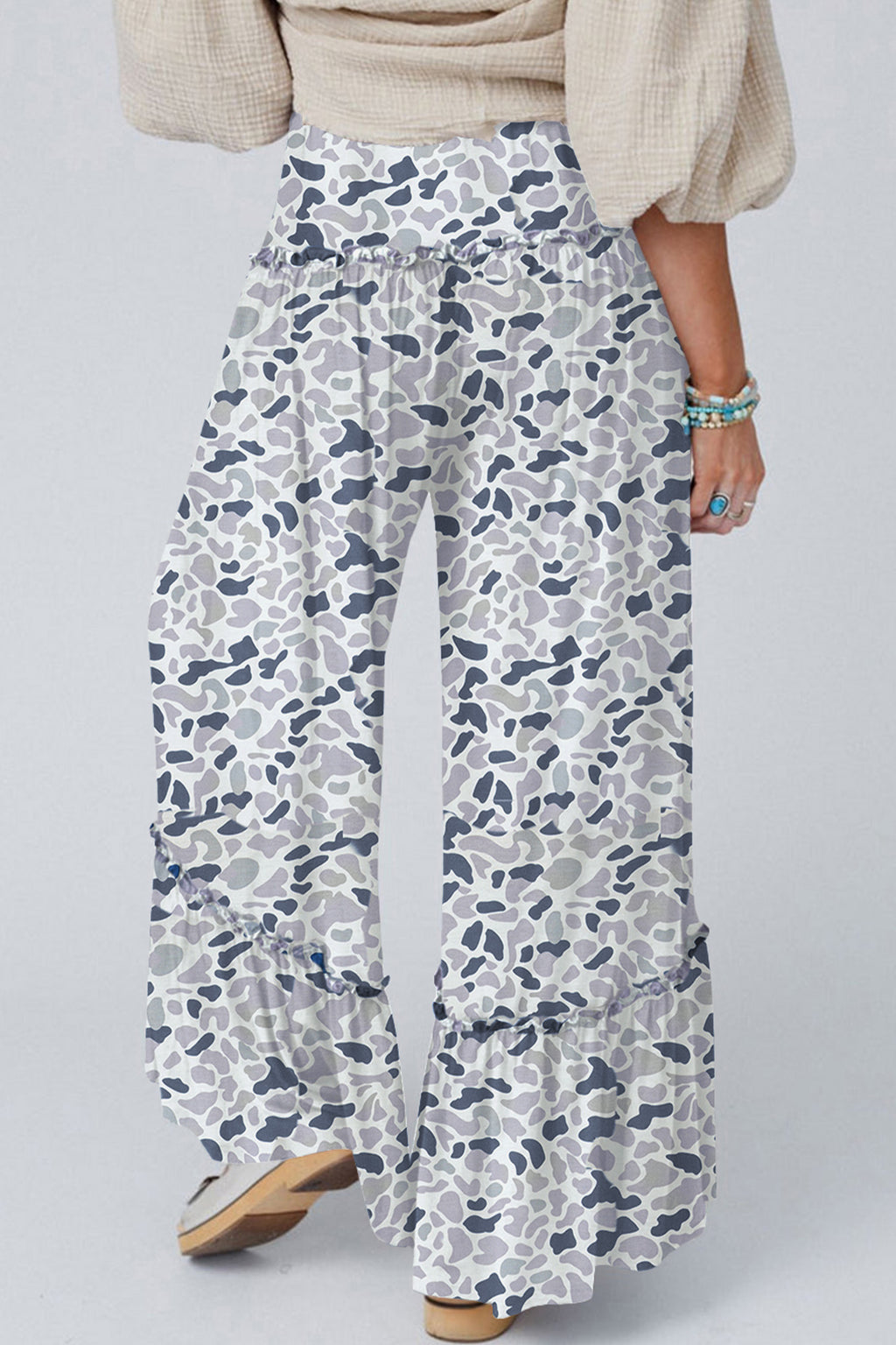 Beige Camo Print Wide-Leg Casual Pants