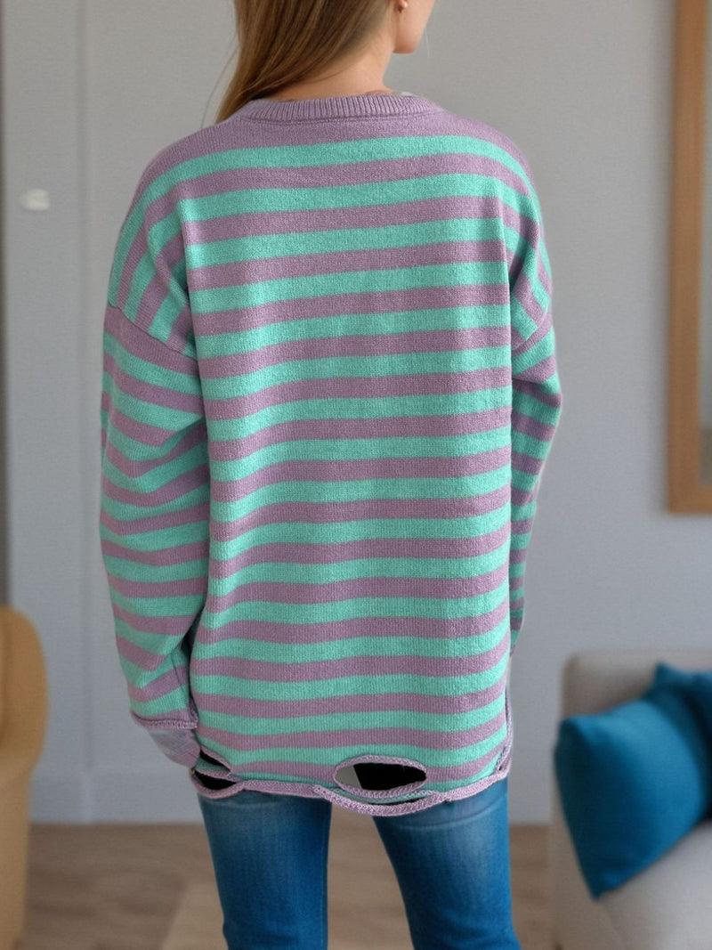 Hazel Blues® |  Distressed Striped Round Neck Long Sleeve Sweater