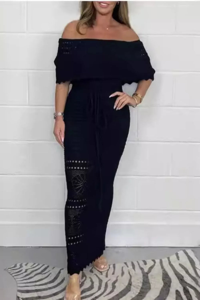 crochet off shoulder maxi dress Solstice Off Shoulder Crochet Knit Maxi Dress / Ivory | MESHKI