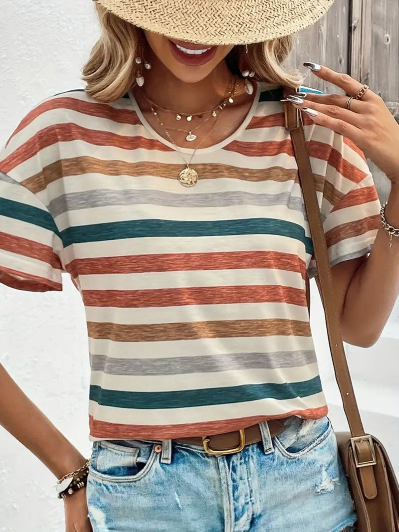 Hazel Blues® |  Striped Round Neck Short Sleeve T-Shirt