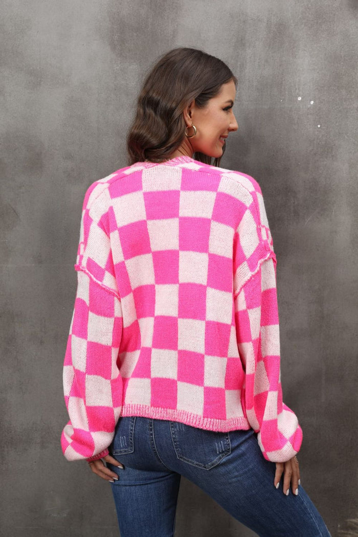 Hazel Blues® |  Angel Wings Checkered Open Front Drop Shoulder Cardigan