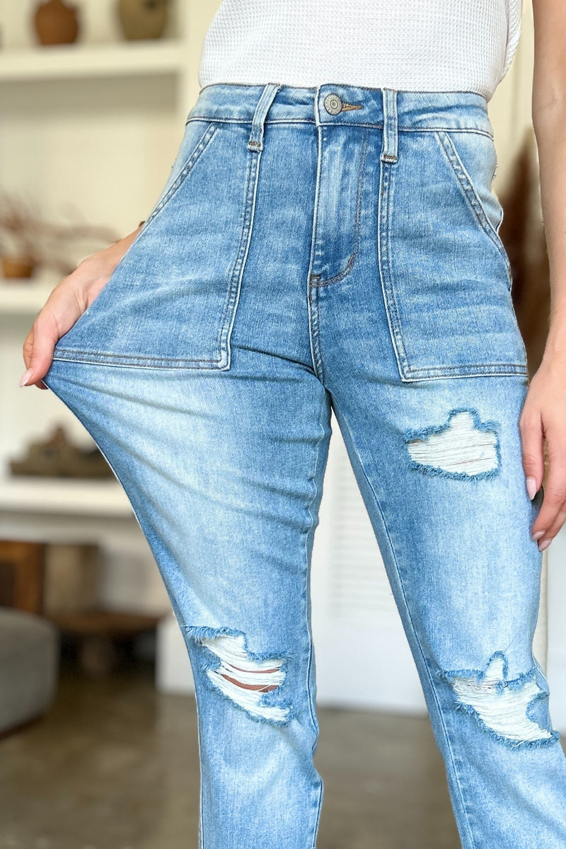 Hazel Blues® |  Judy Blue Distressed Straight Jeans with Patch Pockets