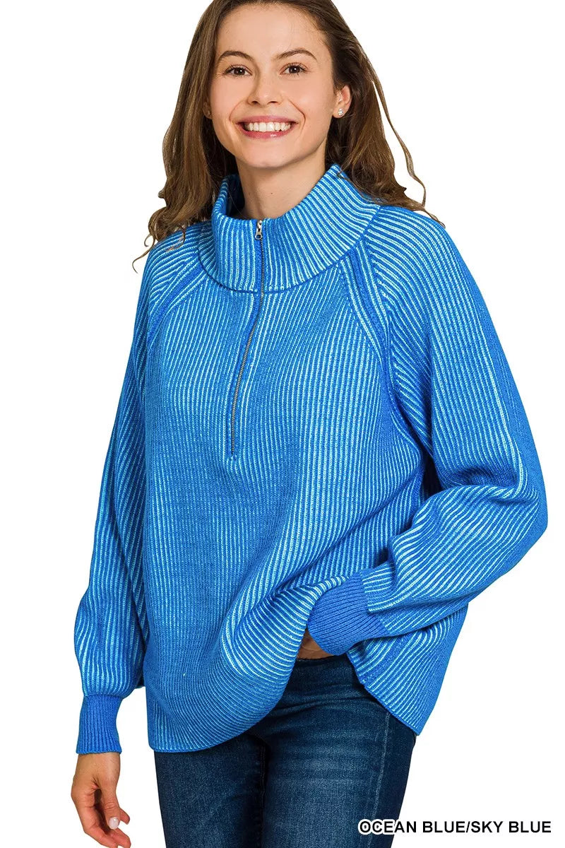 Hazel Blues® | Zenana Ribbed Two Tone Half Zip Sweater