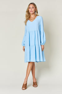 Hazel Blues® |  Double Take V-Neck Balloon Sleeve Tiered Dress with Pockets