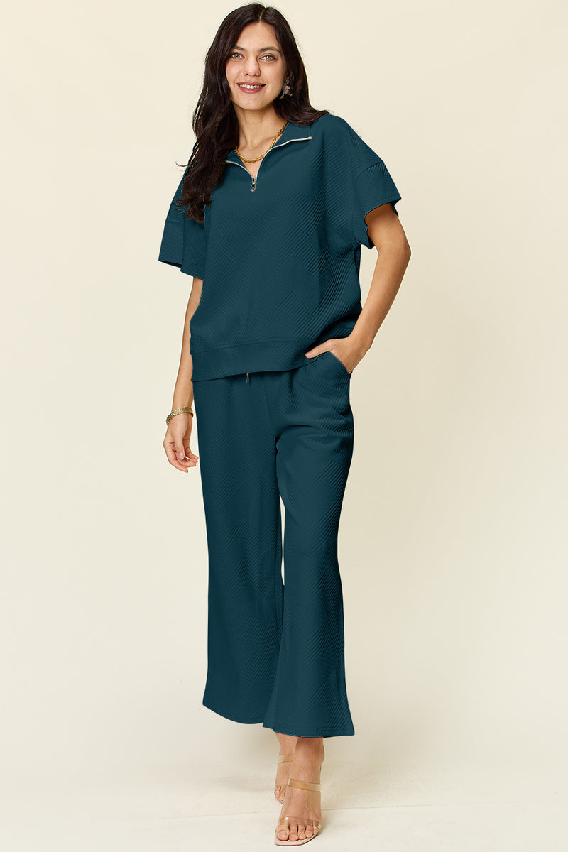 Hazel Blues® |  Double Take Texture Half Zip Short Sleeve Top and Pants Set