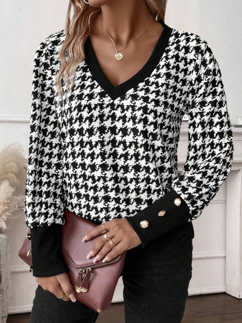 Hazel Blues® |  Houndstooth V-Neck Long Sleeve T-Shirt