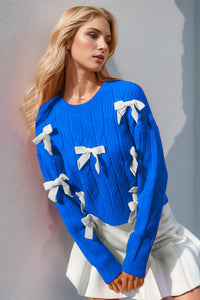 Hazel Blues® |  Double Take Bow Cable-Knit Round Neck Sweater