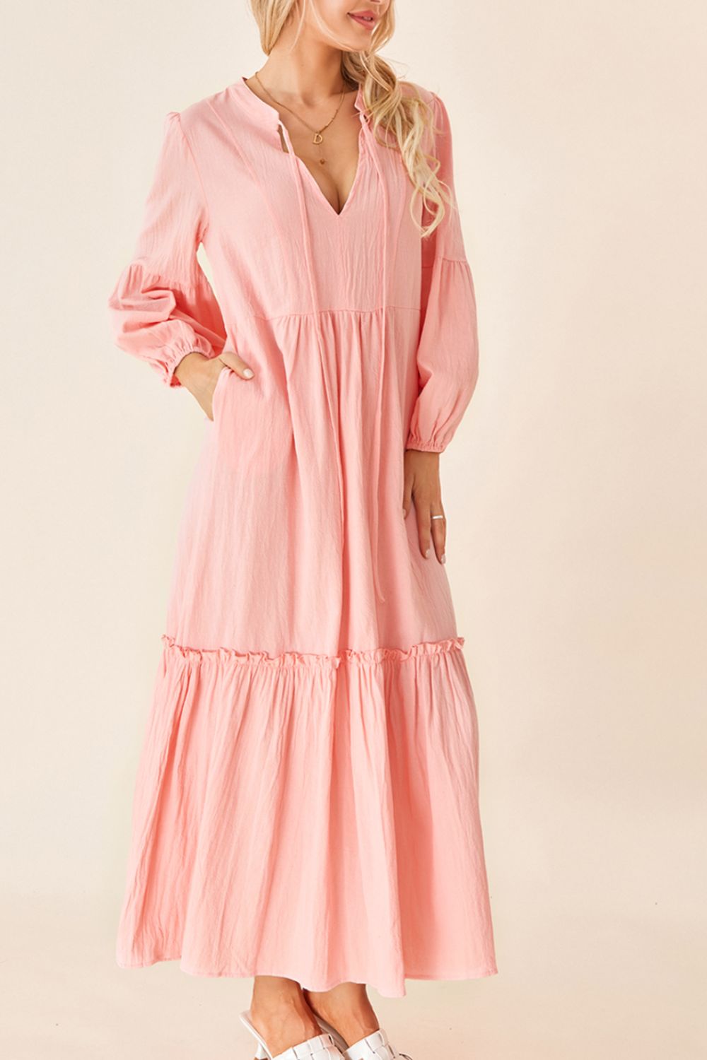 Hazel Blues® |  Frill Tiered Tie Neck Long Sleeve Dress