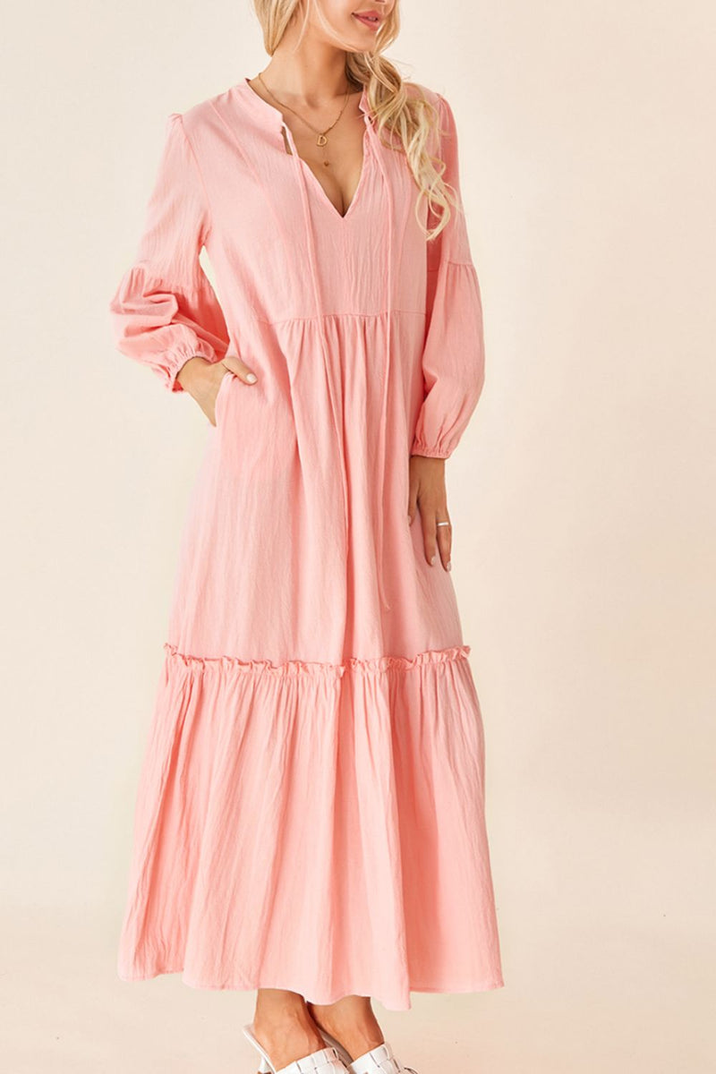 Hazel Blues® |  Frill Tiered Tie Neck Long Sleeve Dress