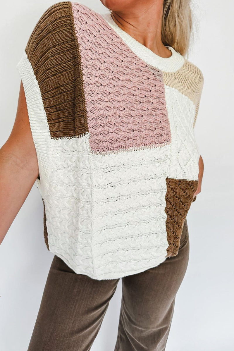 Hazel Blues® |  Cable-Knit Color Block Round Neck Sweater Vest