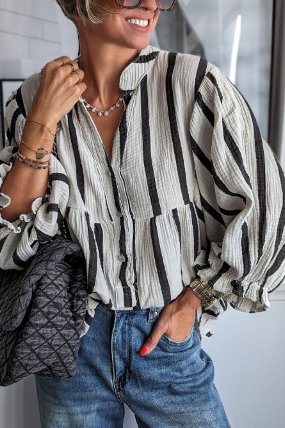 Hazel Blues® |  Striped Notched Three-Quarter Sleeve Blouse