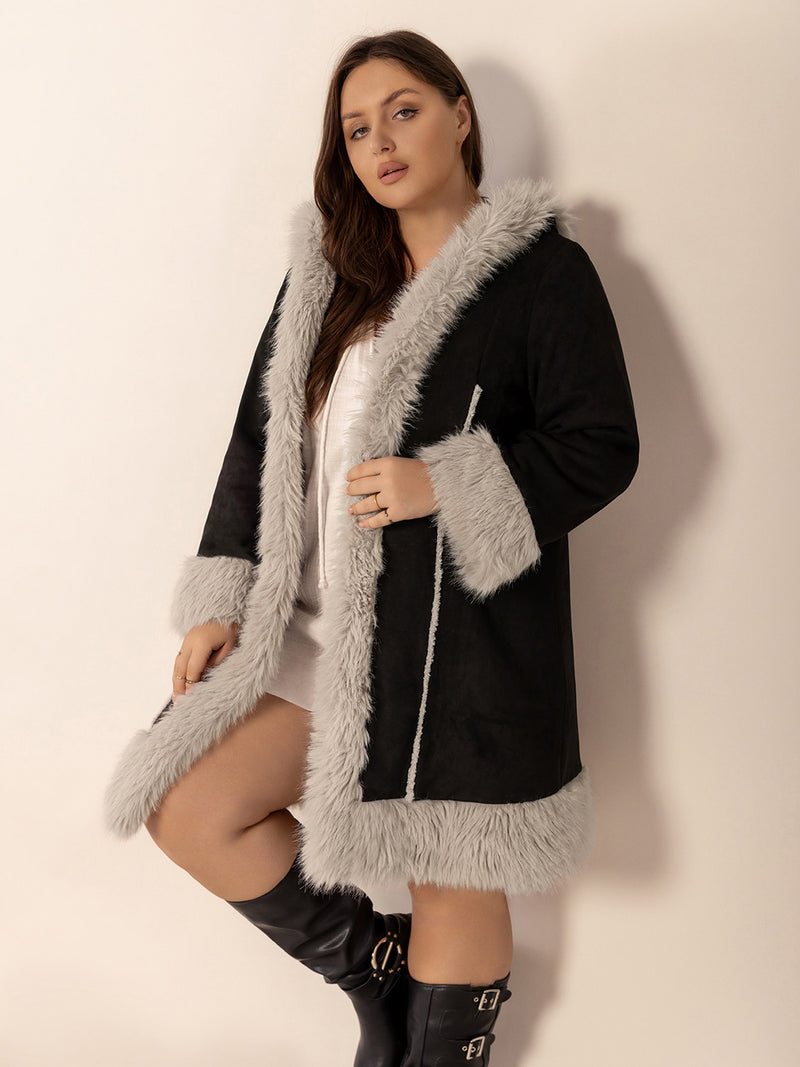 Hazel Blues® | Fuzzy Trim Open Front Long Sleeve Hooded Coat