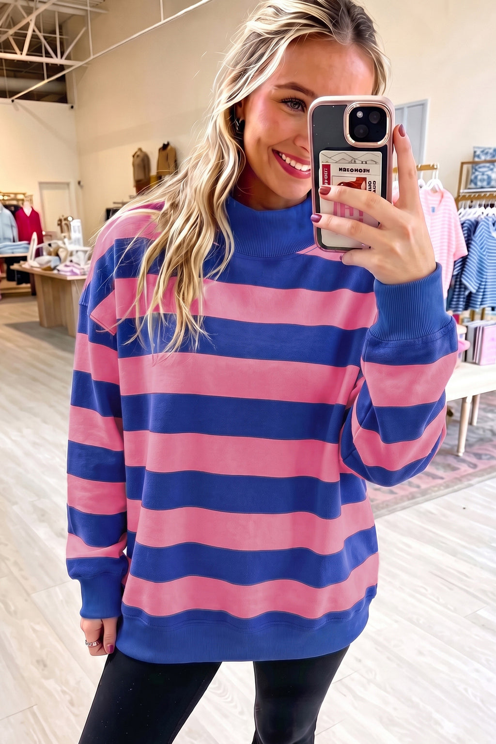 Rose Stripe Color-Block Mock-Neck Relaxed Sweatshirt