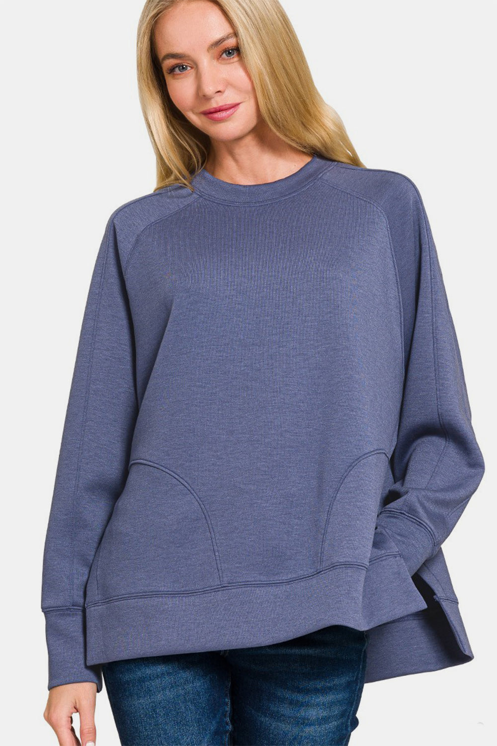 Hazel Blues® |  Zenana Scuba Round Neck Side Slit Sweatshirt