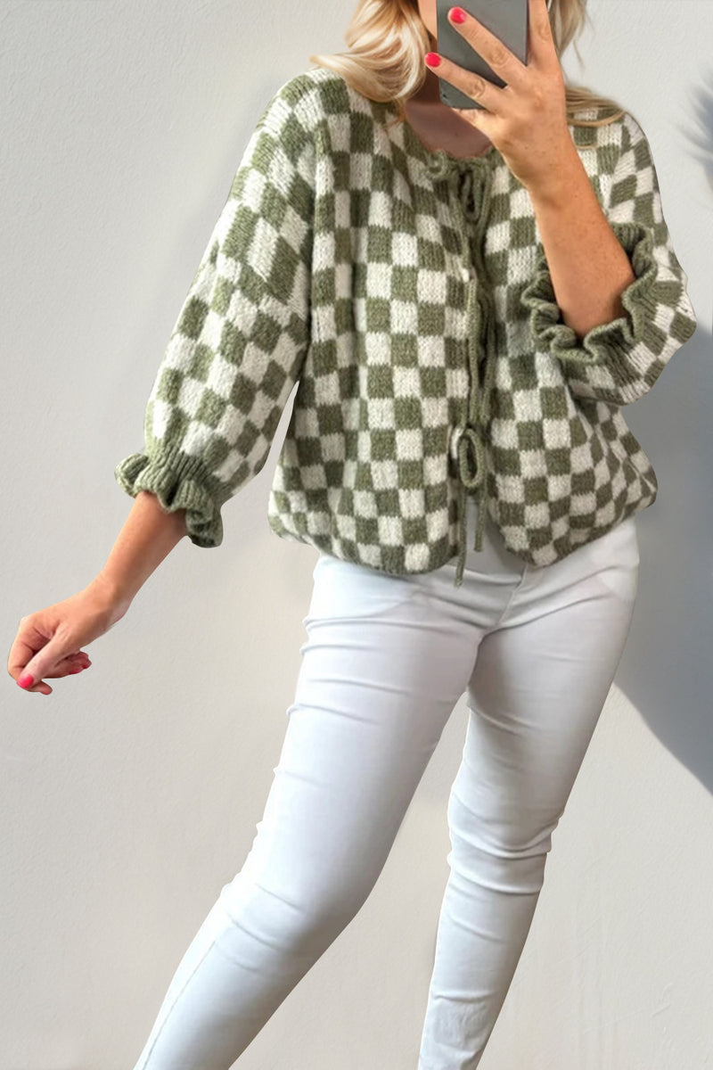 Hazel Blues® |  Double Take Tied Checkered Dropped Shoulder Flounce Sleeve Cardigan