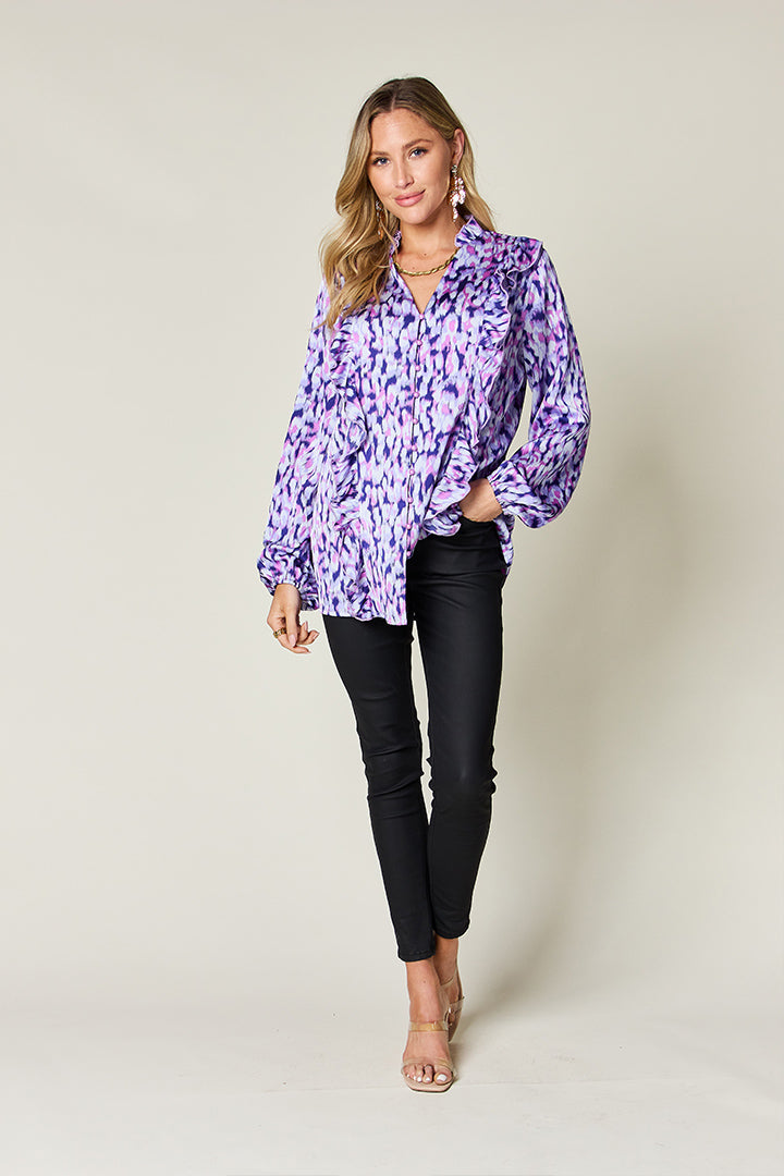 Hazel Blues® |  Double Take Printed Ruffle Trim Balloon Sleeve Shirt