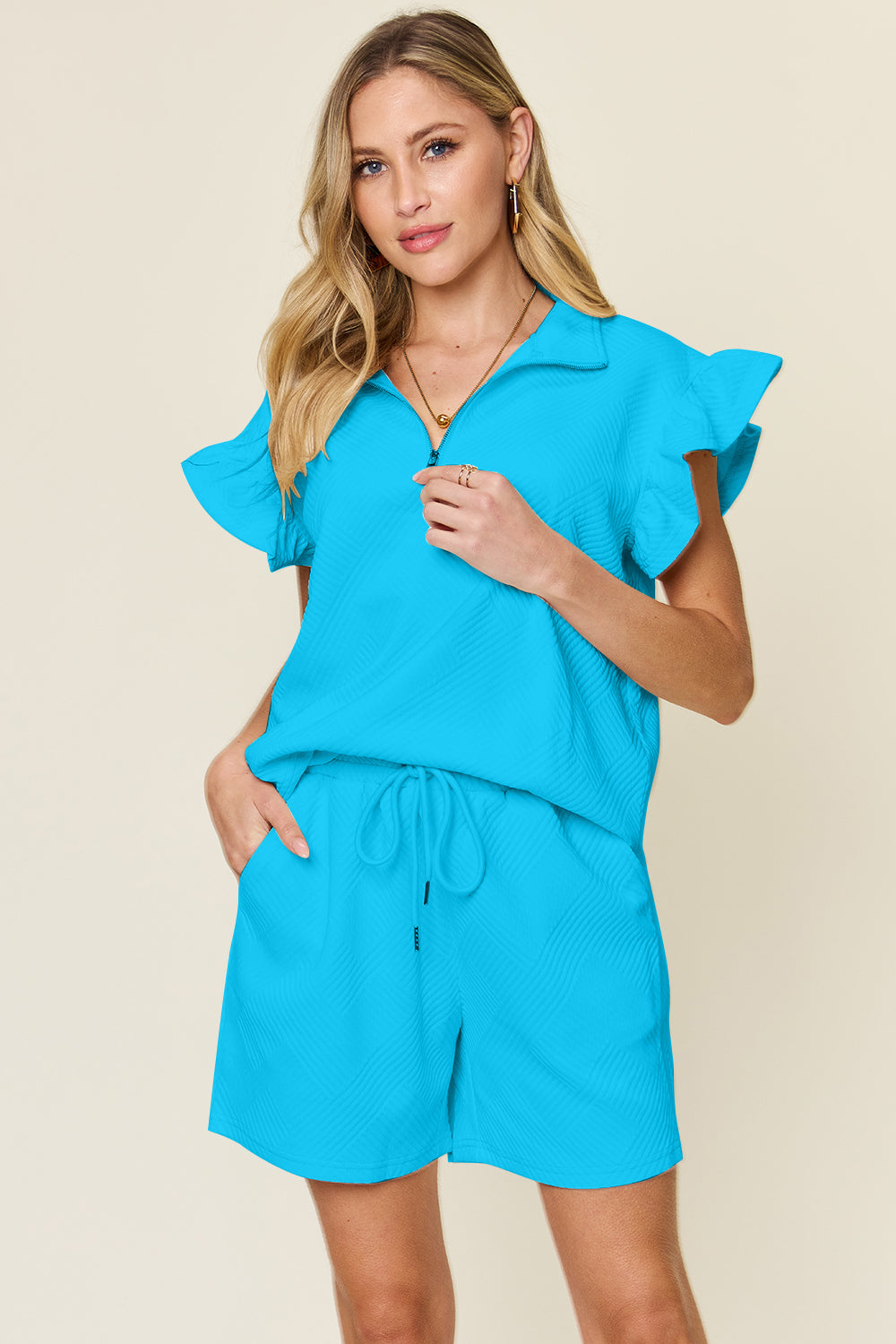 Hazel Blues® |  Double Take Texture Flounce Sleeve Top and Drawstring Shorts Set