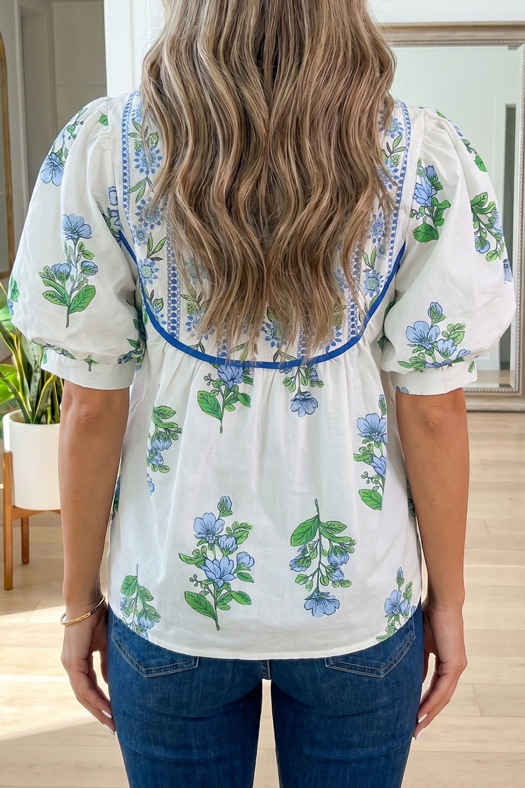Hazel Blues® |  White Floral Print Contrast Trim Tie Neck Blouse
