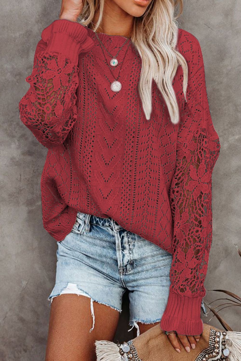 Hazel Blues® |  Openwork Round Neck Long Sleeve Sweater