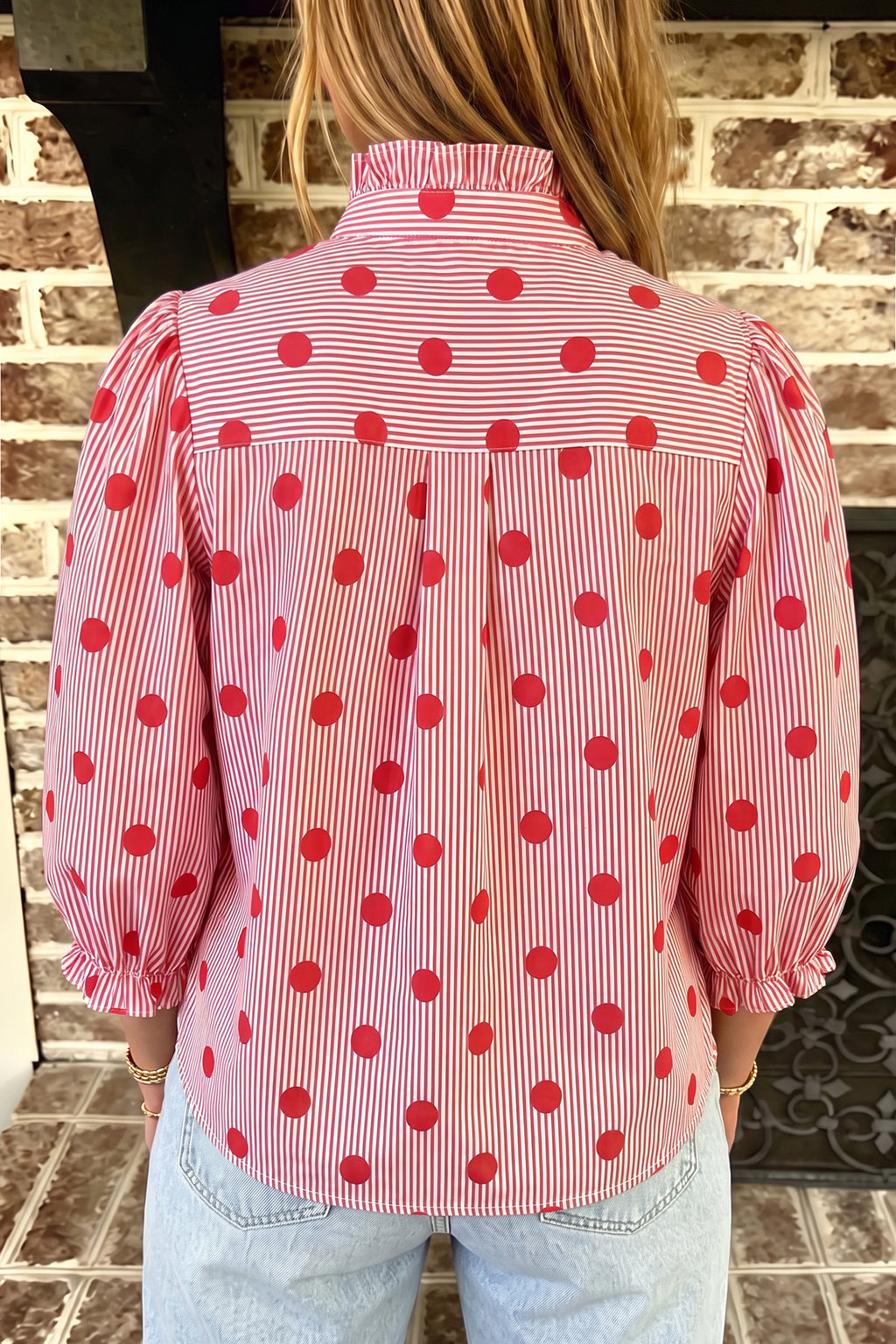 Fiery Red Polka-Dot Striped Print Ruffle Stand Neck 3/4 Sleeve Shift Shirt