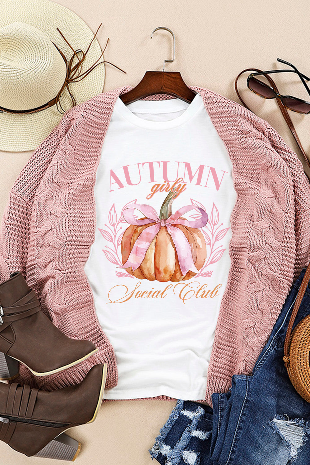 Hazel Blues® |  White Autumn Girly Thanksgiving Bowknot Pumpkin Graphic T Shirt