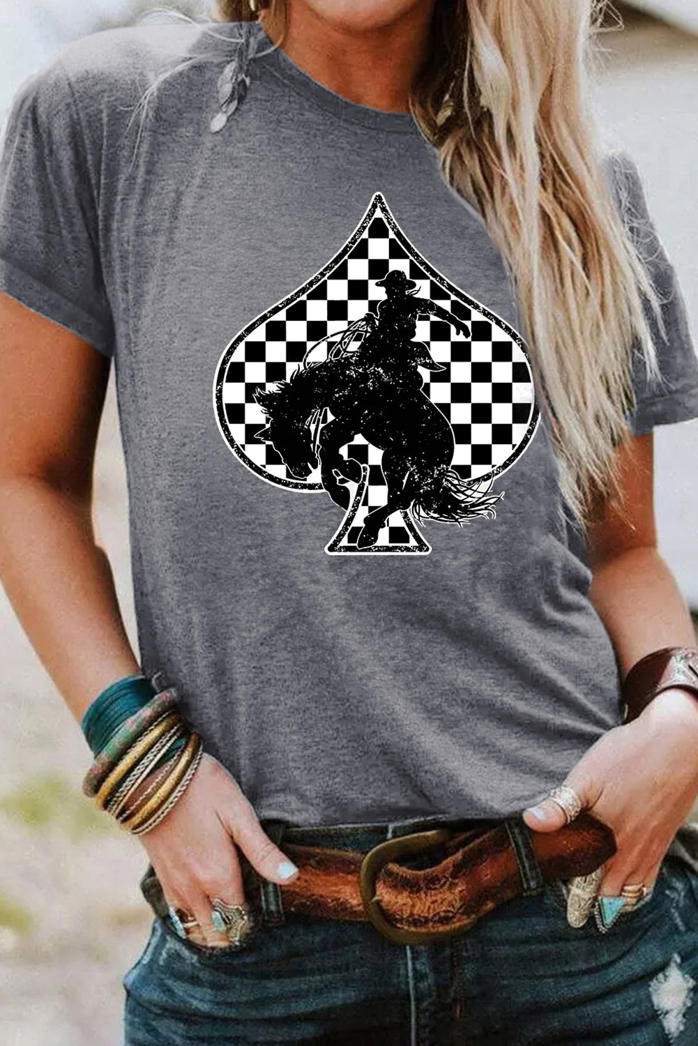 Hazel Blues® |  Gray Redeo Check Spades Western Graphic T Shirt